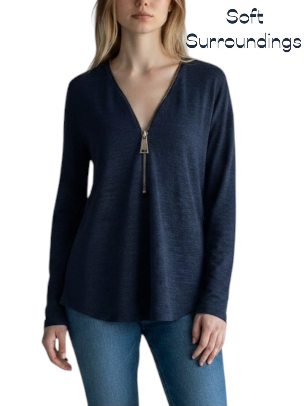 Soft Surroundings Navy Coastal Grandma Zipper Lightweight Sweater NWOT Size XS